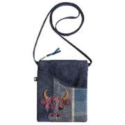 Earth Squared Navy Tweed Original Highland Cow Applique Sling Bag